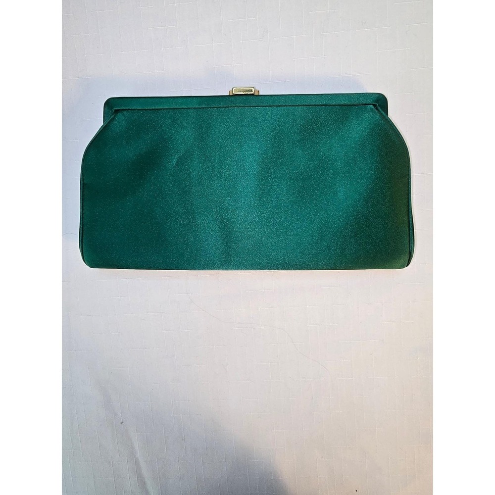 Vintage MM Emerald Green Satin Evening Clutch Bag with Coin Purse and Mirror